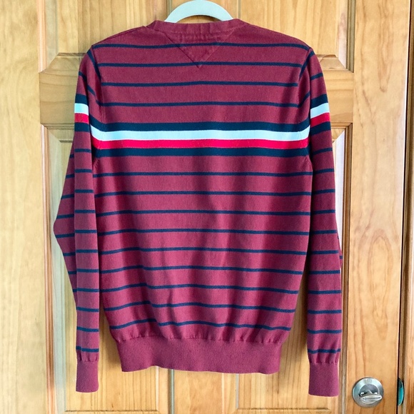 Men’s size medium gently used Tommy Hilfiger burgundy and navy striped sweater - Picture 2 of 7